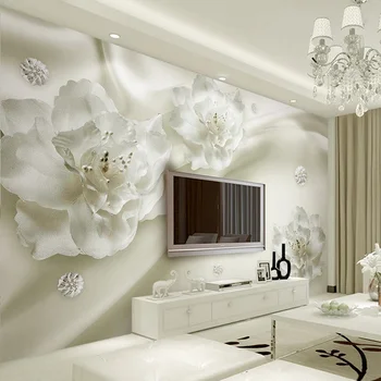 Фотообои Европейски Стил Стерео 3D Релеф Бели Цветя с Копринени Тапети на Интериора на Хола на Хотела Луксозен Начало Декор Стенописи