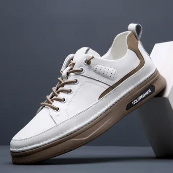 Висококачествени мъжки луксозни марка обувки, ежедневни бели маратонки, летни обувки, удобни кожени обувки на плоска подметка с шнур