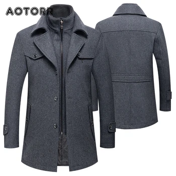 Зимна вълна тренч, мъжко палто, ежедневни однотонная яке със средна дължина, Модни ветровка с двойна яка, Ветрозащитное вълнена мъжко палто