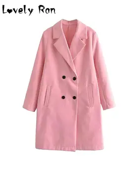 Пролетни ежедневни розово палто за жени, Елегантни якета и яка и дълги ръкави, Двубортные палто, Офис дамски дрехи