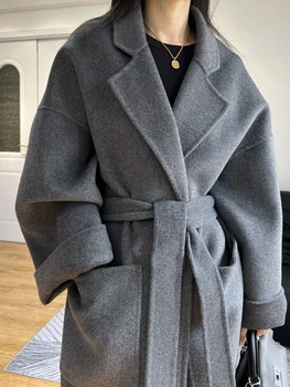 Висококачествена хавлия, Двустранно вълнена кашемировое палто, Ново дамско Модно вълнени палта дантела, дълго палто за есен-зима