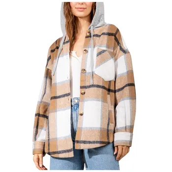 Жена есенно-зимния моден кариран пуловер в тон, hoody с джоб, в топ в стил мозайка, жилетка, палто, вълнена копчета 바람막 _BOS_