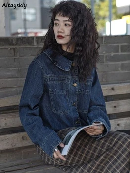 Якета, дънкови Ретро дизайн, джобове, есенна ежедневни студентски универсална Проста стилни ежедневни градинска облекло в корейски стил