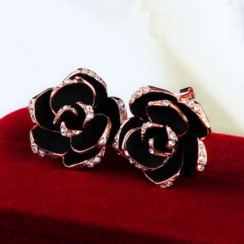 Обеци-розово с цвете на черна роза за жени, Корейски стил, Австрийски кристал, Розово злато, Големи обеци, Бижута на Едро E660