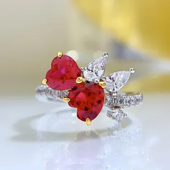 Пролет Qiaoer Винтажное сребро 925 Проба, рубин във формата на сърца, 6 мм, Высокоуглеродистый диамант, скъпоценен камък, Женски пръстен, Годежен Бижу