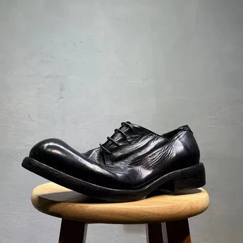 Goodyear от естествена кожа-Реколта Мъжки кожени обувки на дебела подметка с ръчно управление, ежедневни мъжки обувки в стил Дерби с ниско берцем