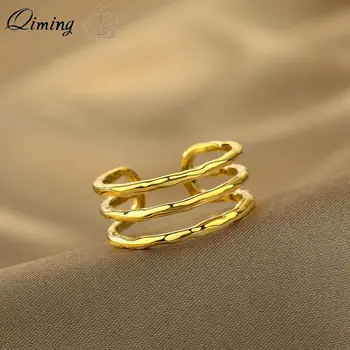 QIMING Ръчно изработени, минималистичные 3-линейни многослойни геометрични пръстени за жени, Регулируема на корейското пръстен от неръждаема Стомана