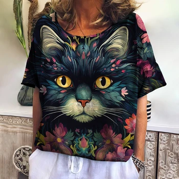 Женска тениска, летен топ с кръгло деколте и къс ръкав, ежедневни модна тениска с изображение на животно котка, женска градинска дрехи, забавен дамски дрехи, новост