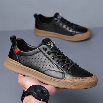 Демисезонная нови обувки за мъже, ежедневни обувки от естествена кожа, Дишаща черна обувки за скейтборд върху плоска подметка, Улични модни маратонки