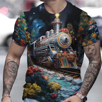 Тениски с коледен влак за мъже, летен случайни топ с 3D принтом, Свободни тениски оверсайз, Градинска дизайнерски дрехи за мъже с къси ръкави