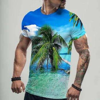Нова мъжка тениска В хавайски стил с 3D принтом Кръгъл отвор, Плажен пейзаж, Рибарско модел Топ с къс ръкав, Модни дрехи Оверсайз