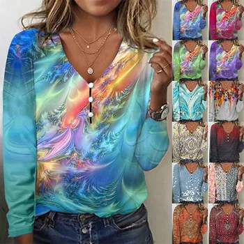 Елегантна Дамска блуза, Тениски, Топ с цветен модел, Есен 2023, V-образно Деколте, Вратовръзка на 