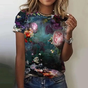 2023 Нова женска тениска с кръгло деколте, Ежедневни женска риза, Отгоре с 3D цветен принтом, тениска с къс ръкав, Модни дамски летни дрехи
