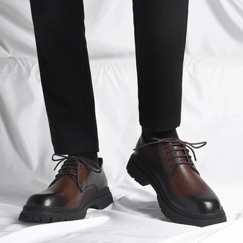 Бизнес обувки от качествена Кафява Кожа в Британския Стил, с дебели Подметки и Кръг Пръсти, Ръчно изработени, Ежедневни и Официални обувки-Oxfords, Мъжки Обувки Дантела