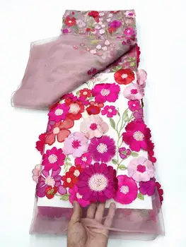 Розова 3D Апликация на Цвете Африканска лейси плат 2023 Висококачествена Бродерия Нигерийская френска Окото Лейси плат за сватбена рокля