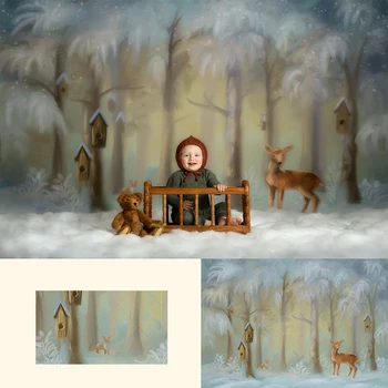 Зимните Фонови рисунки с животни в гората, подпори за фотосесия, Детска фотосесия за фото студио, Коледни Заснежените дървета, с елен Фон